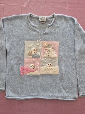 Vintage Women's Light Blue Holiday Christmas Sweater Snowmen Embellishments M